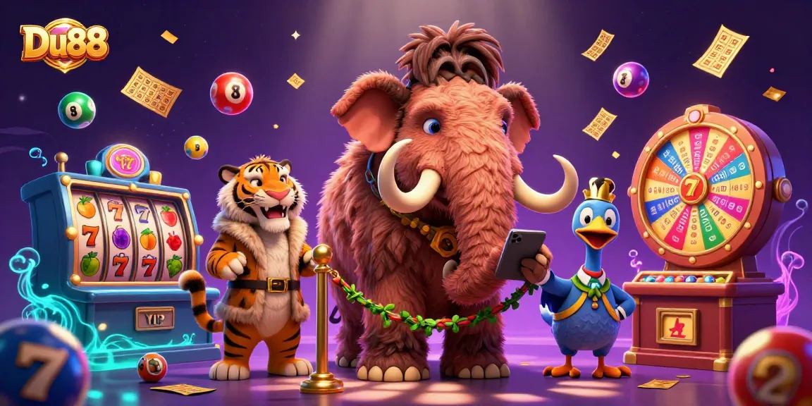 Engage with Du88 as the woolly mammoth bouncer checks IDs at a vibrant casino entrance with dynamic game elements