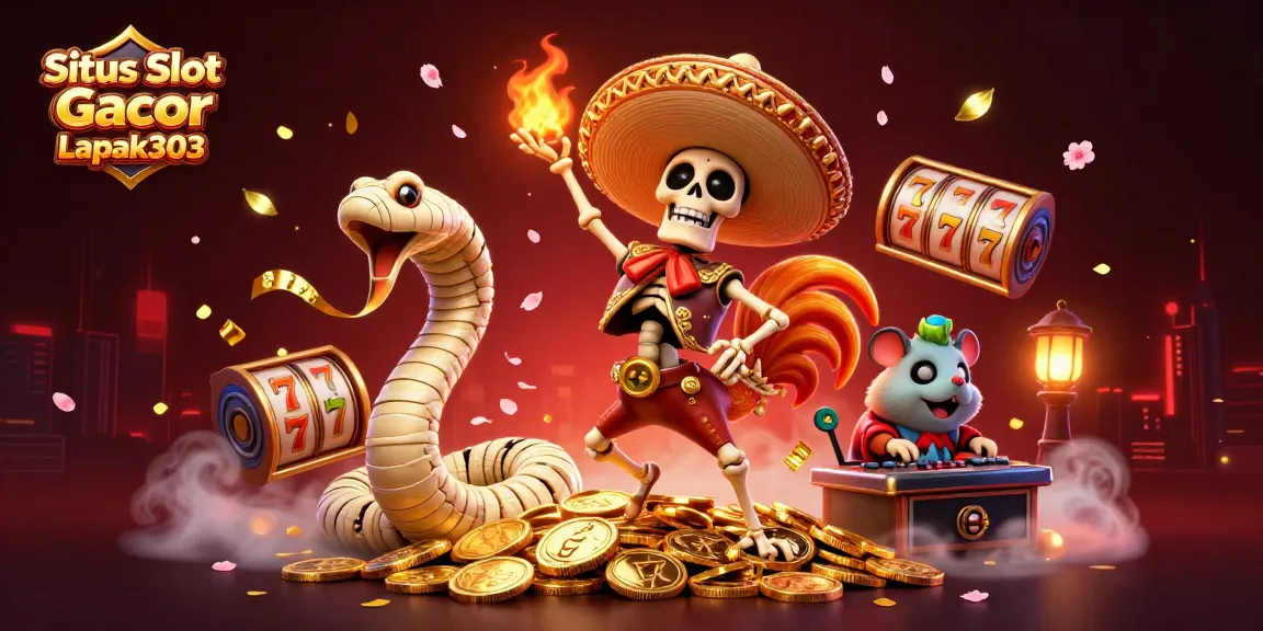 Situs Slot Gacor Terbaik Lapak303 presents a lively scene with a mariachi rooster, mummy snake, and hamster DJ celebrating amidst slot game symbols.