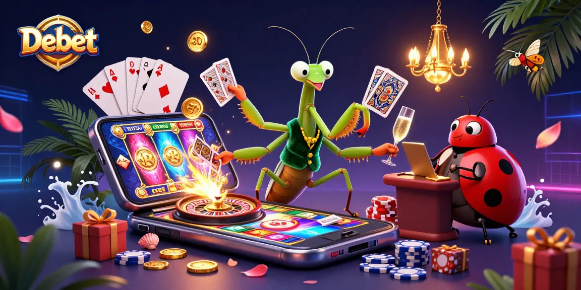 Engage with Debet in a lively casino scene featuring a giant mantis and a ladybug pit boss.
