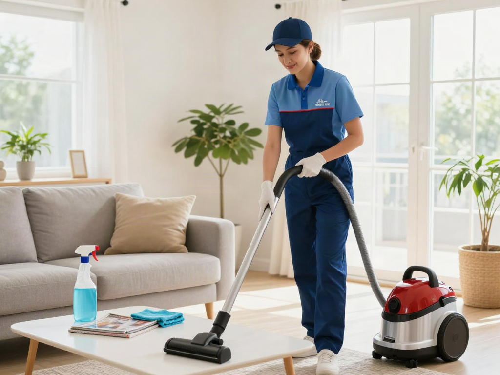 Professional cleaner using depot 10k products to enhance home cleaning efficiency in a bright living room.