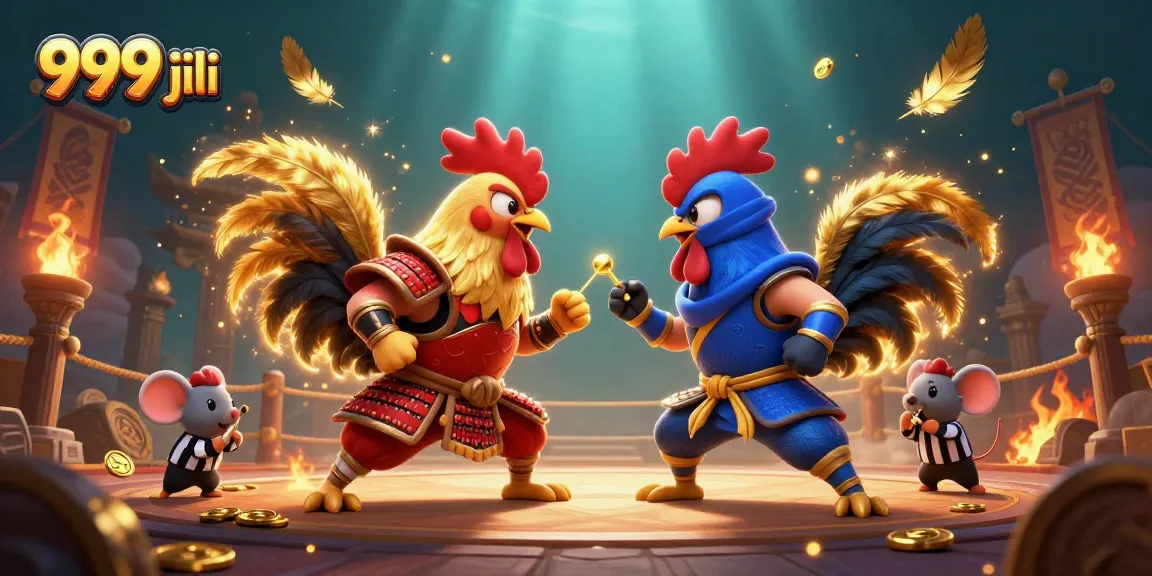 Bet on thrilling action with 999 jili's samurai and ninja rooster duel amidst golden coins.
