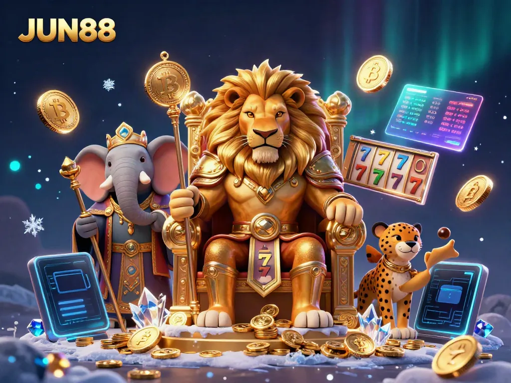 Experience thrilling casino excitement at JUN88 with a king seated on a throne made of gold coins.