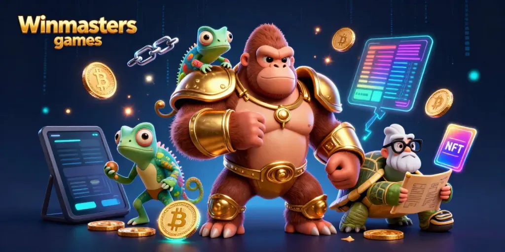 Experience thrilling Winmasters games with vibrant 3D characters in a dynamic casino scene.