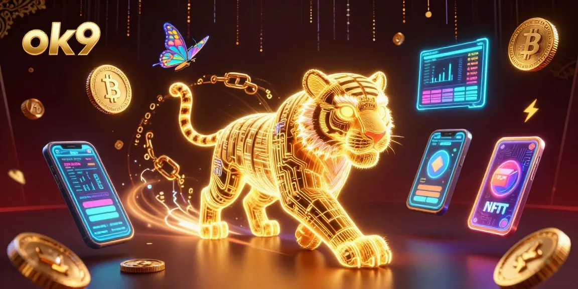 Experience the excitement at ok9 with a golden tiger and crypto elements in a vibrant casino setting.