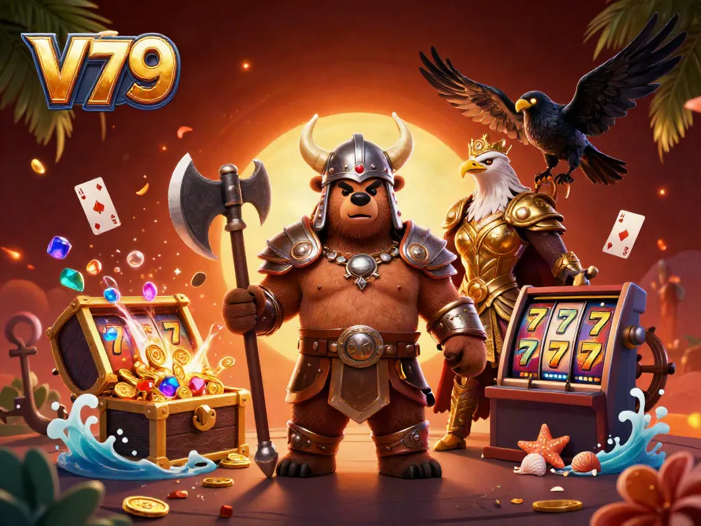 Play engaging casino games with V79, featuring a Viking bear and Valkyrie eagle amidst vivid slot reels and treasures.