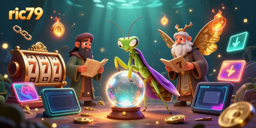 Experience the excitement of ric79 slots with a vibrant 3D casino illustration showcasing fortune tellers and jackpot elements.