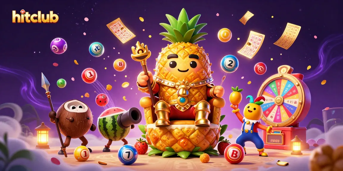 Engage with hitclub's vibrant casino scene featuring a golden pineapple king amidst dynamic lottery elements.