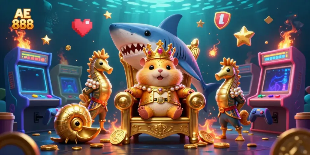 Engage with the captivating AE 888 casino world featuring a golden hamster king on a shark tooth throne.