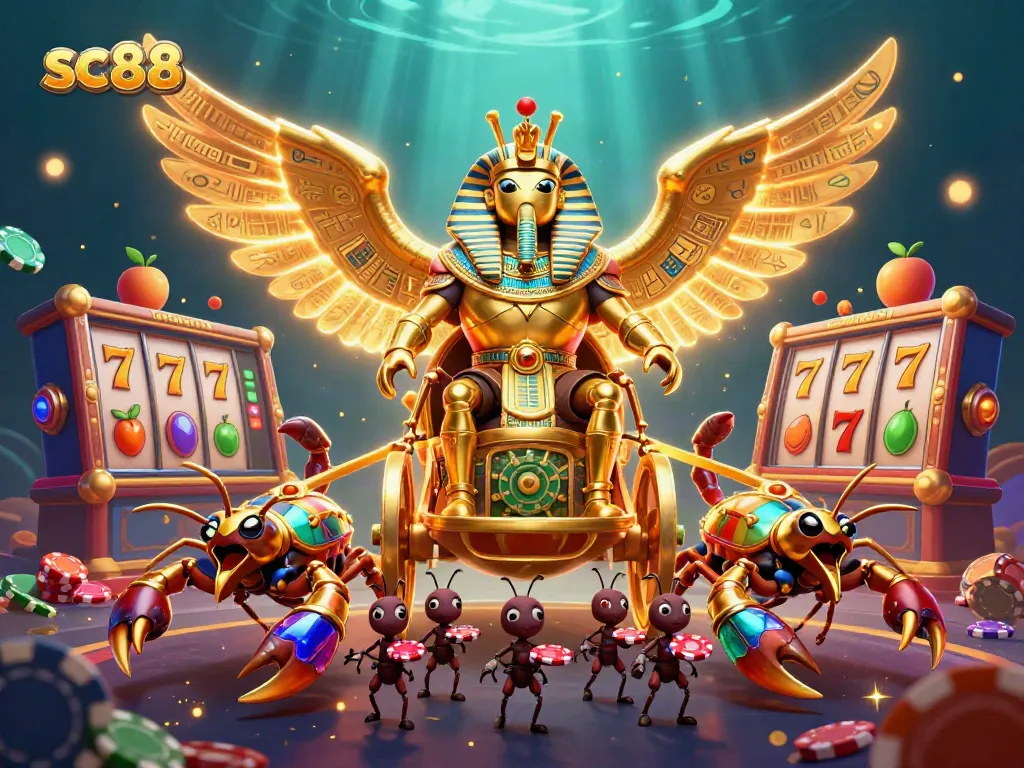 Experience sc88 excitement with a colossal golden scarab beetle and casino elements in action.