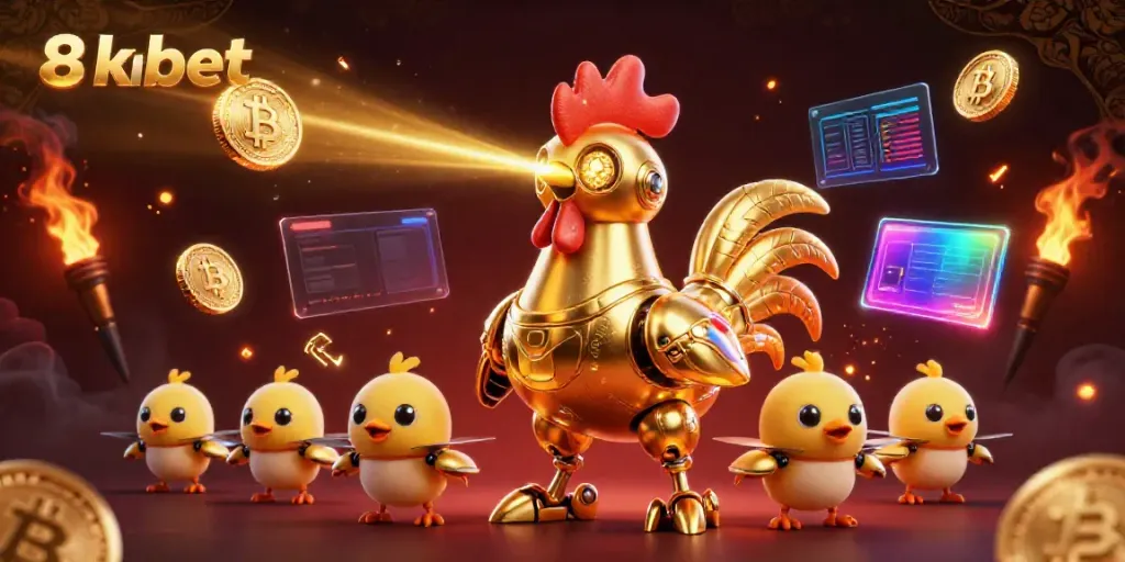 Engage with exciting 8xbet gameplay featuring a golden rooster robot and cryptocurrency elements.