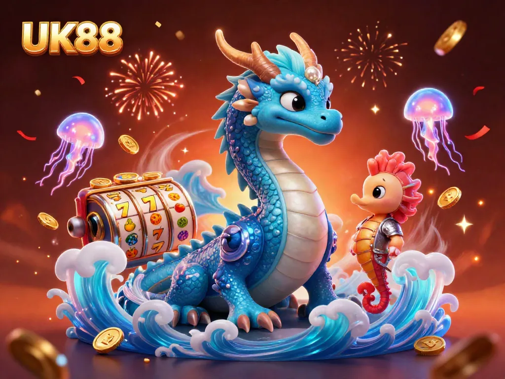 Experience the excitement of UK88 with a vibrant 3D illustration showcasing a dragon, seahorse knight, and jackpot elements.