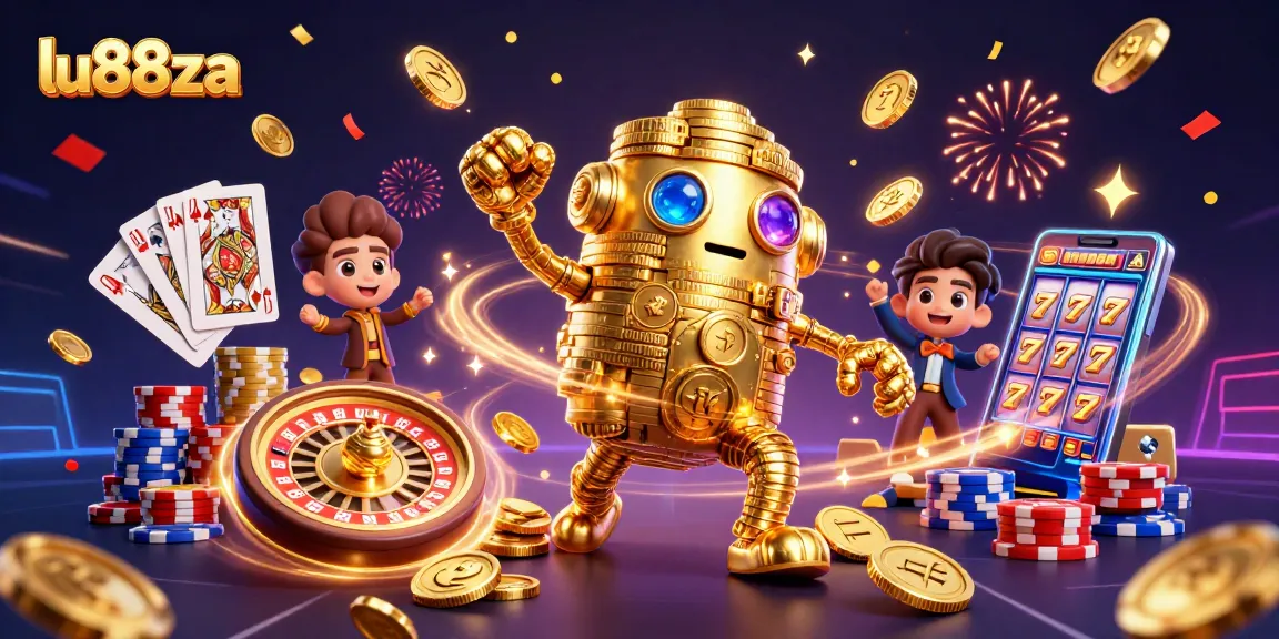 Experience thrilling games at lu88za with an ancient golden golem surrounded by coins and casino elements.
