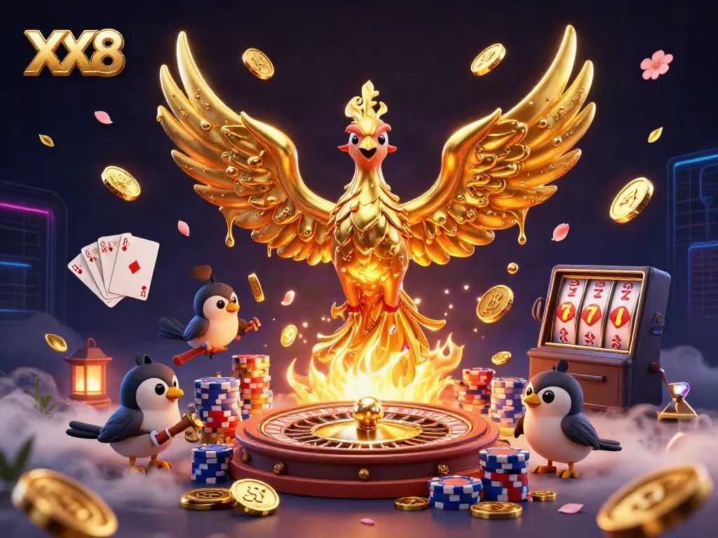 Experience the electrifying ambience of a golden phoenix symbolizing XX8 amidst flying coins and casino excitement.
