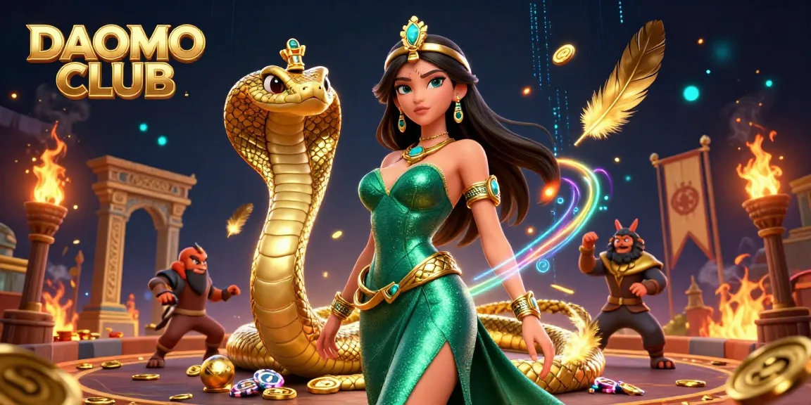 Engage in thrilling gameplay at DAOMO CLUB as a stunning lady in an emerald gown welcomes you to a vibrant casino.