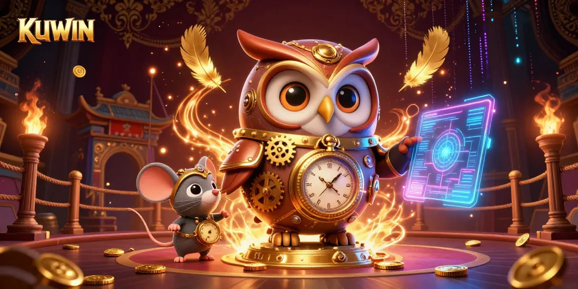 Experience the thrilling gaming action at KUWIN with a vibrant 3D scene featuring online casino elements.