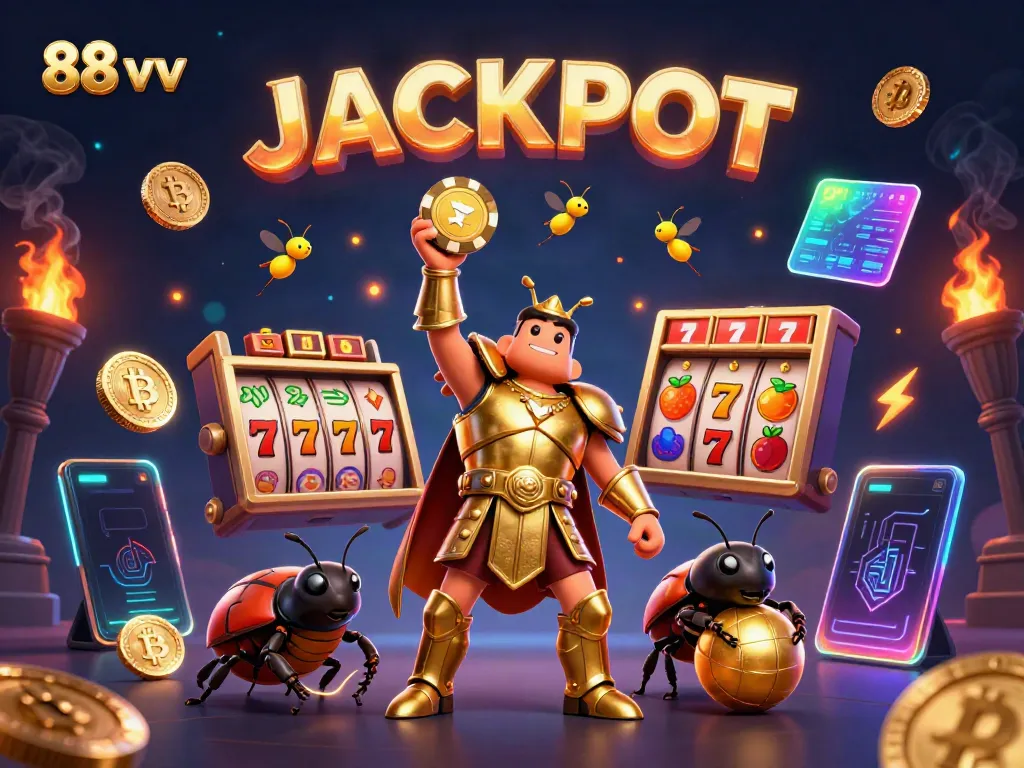 Bet on success with 88 vv as a victorious beetle lifts poker chip amid casino elements.