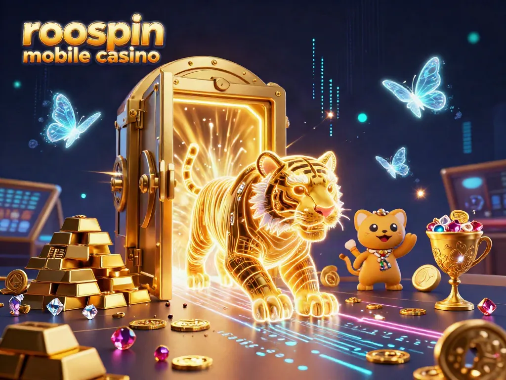 Experience the thrill of roospin mobile casino with vibrant 3D gaming visuals and rich gold aesthetics.