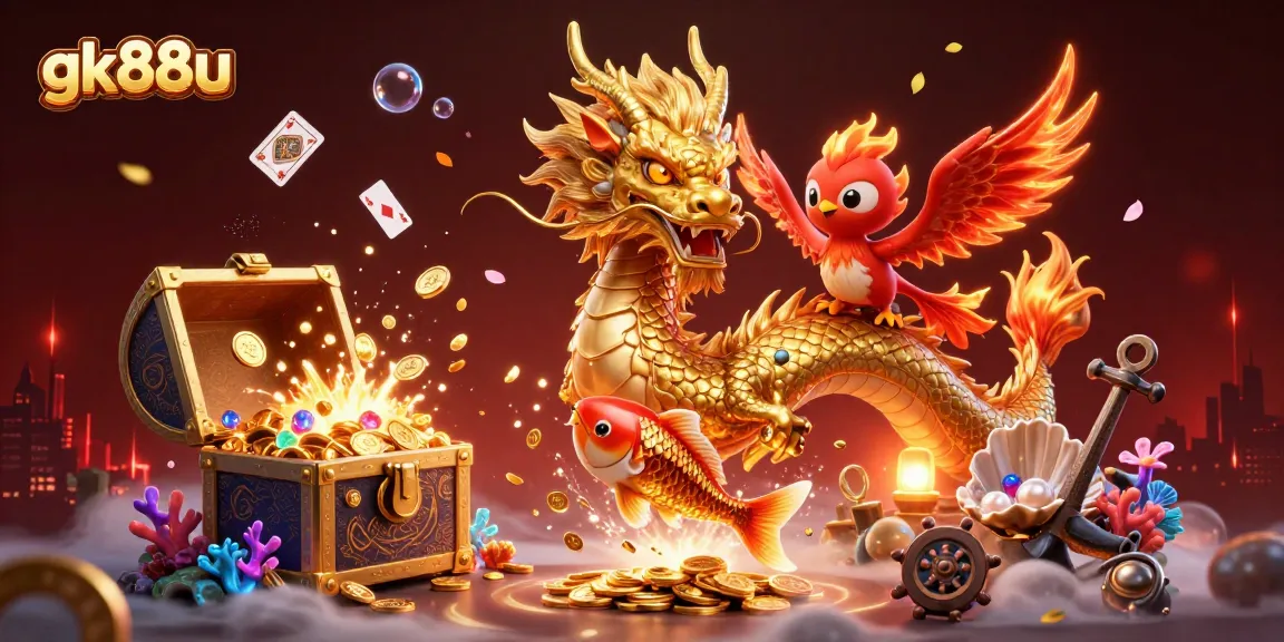 Experience excitement at gk88u with a vibrant gaming scene featuring a dragon, phoenix, and koi fish.