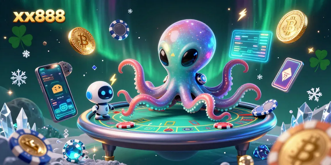 Bet on xx888 with this dynamic scene of an alien octopus operating a holographic poker table in space.