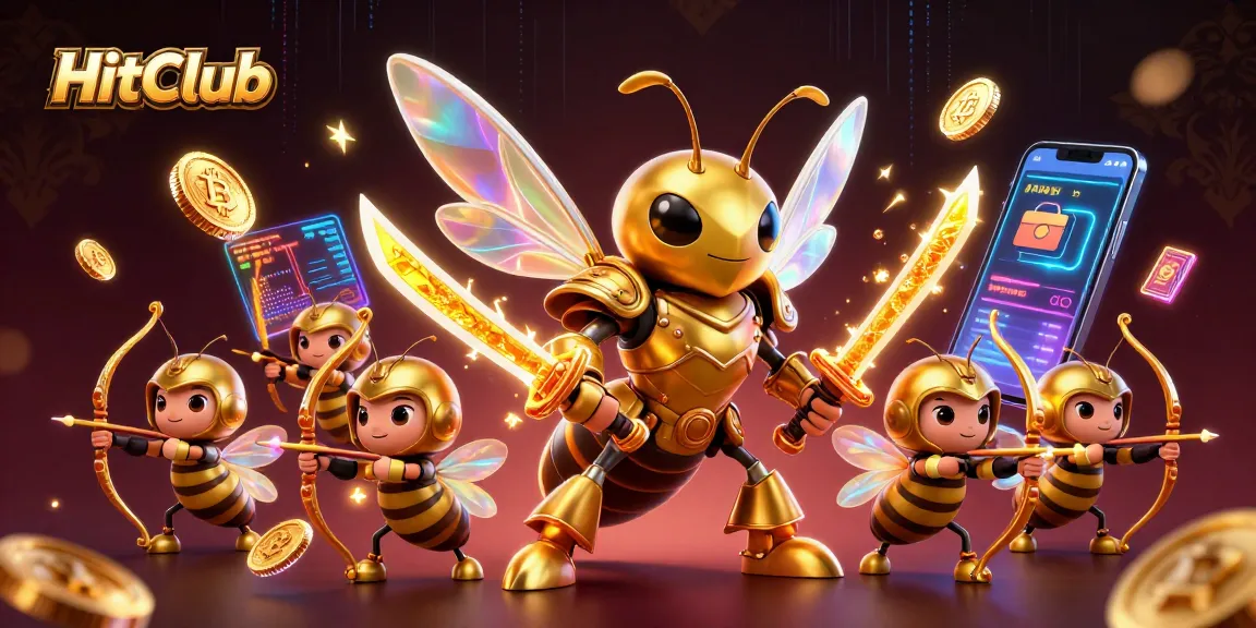 Engage in thrilling gaming at HitClub with vibrant 3D visuals of characters and crypto elements.
