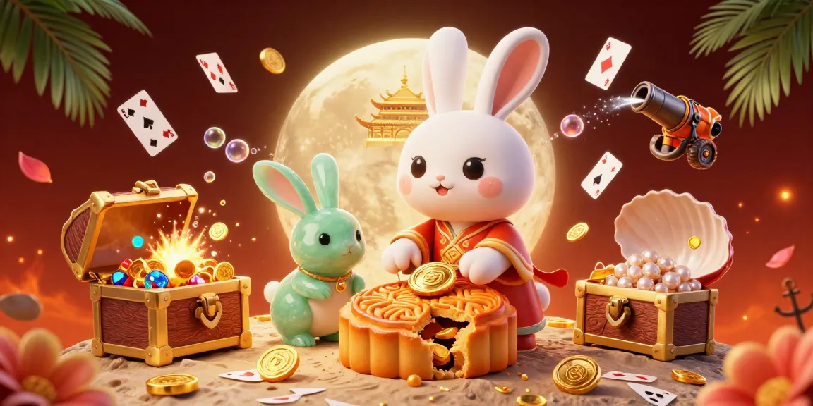 hon68 attractive scene featuring cartoon moon rabbit revealing poker chips while surrounded by casino elements