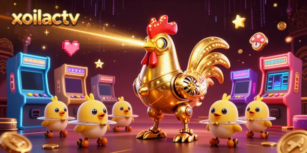 Experience a thrilling xoilactv gaming scene with a futuristic golden rooster shooting lasers.