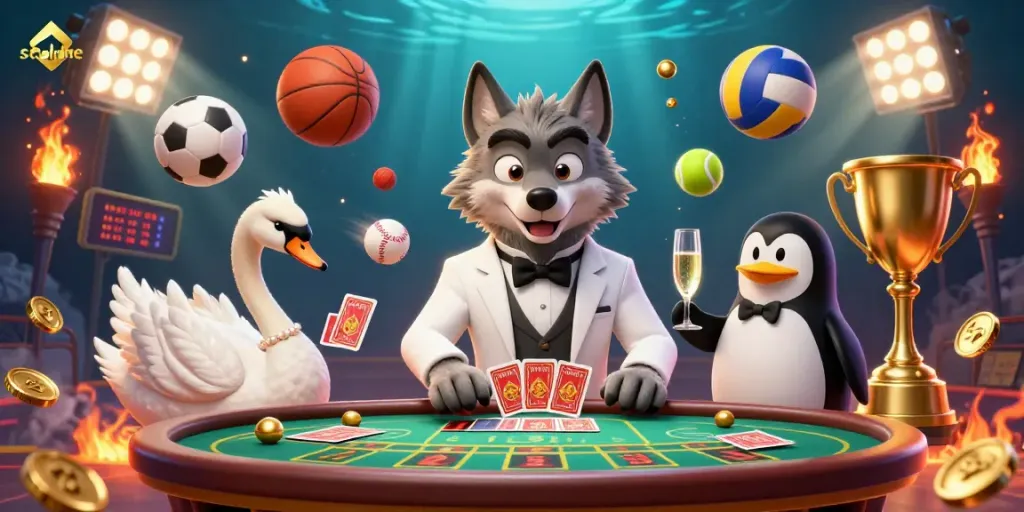 Experience thrilling soccer betting with socolive, showcasing a debonair wolf and elegant characters.