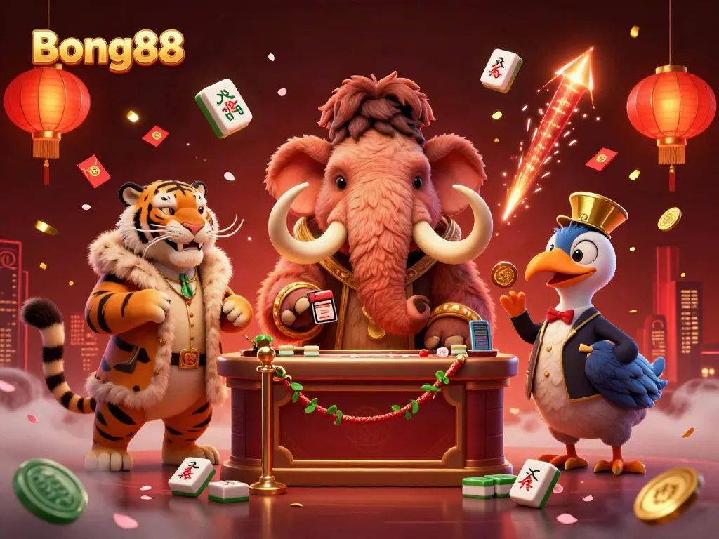 Bong88 Casino scene with a woolly mammoth bouncer, saber-tooth VIP, and a dodo doorman.