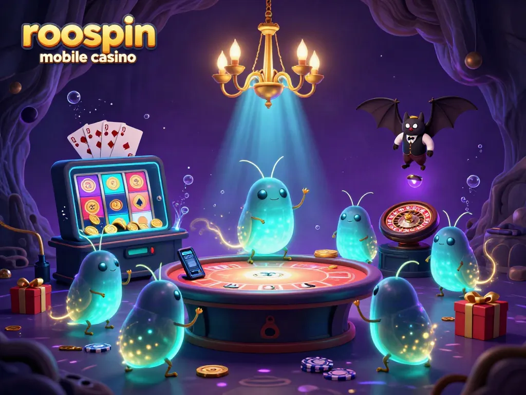 Experience the excitement of roospin mobile casino with glowworms lighting up a vibrant cave casino.