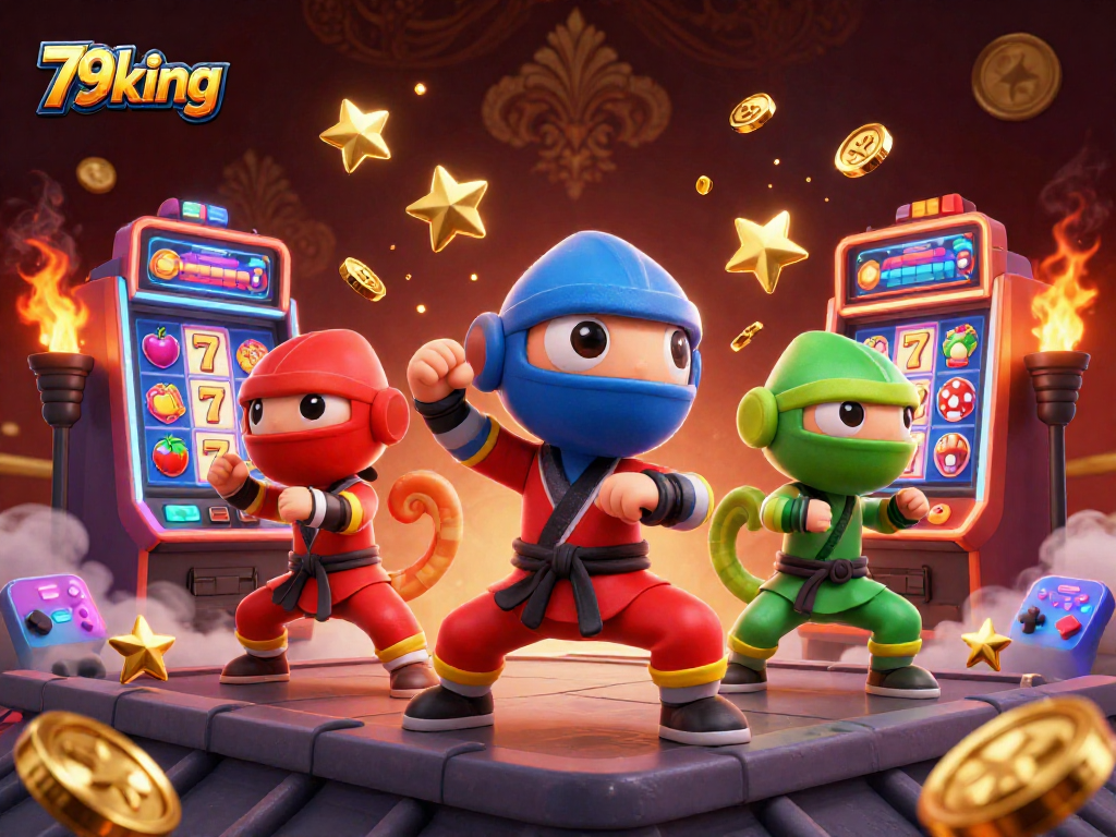 Experience thrilling 79king adventures with ninja chameleons and colorful slot machines in a dynamic scene.
