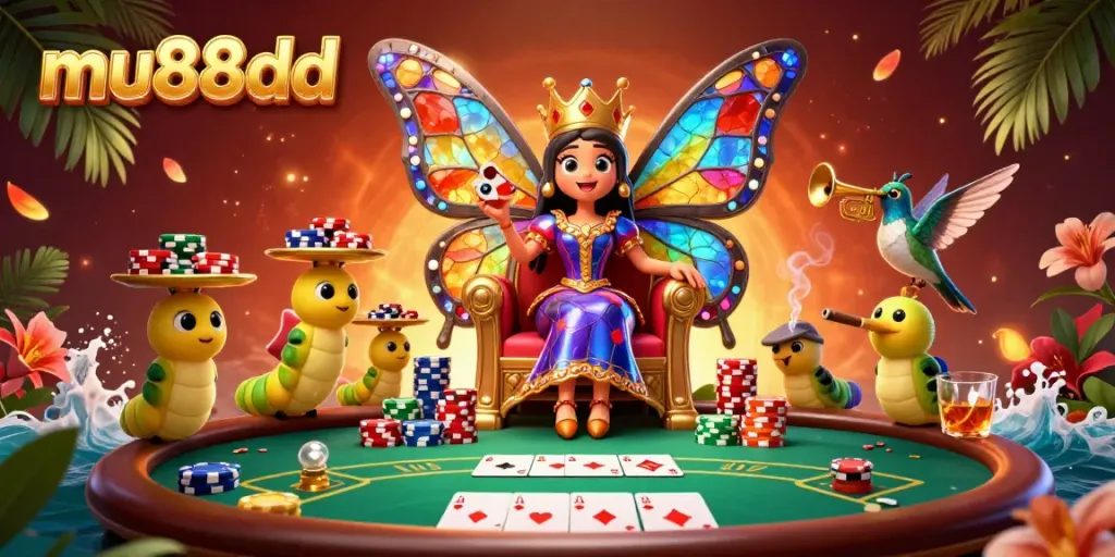 Engage with mu88dd's vibrant poker scene, showcasing a butterfly queen, poker chips, and chips amidst tropical decor.