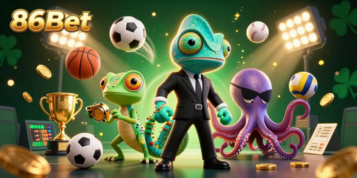 Experience thrilling action with 86Bet in this vibrant 3D casino illustration featuring dynamic sports elements and colorful characters.