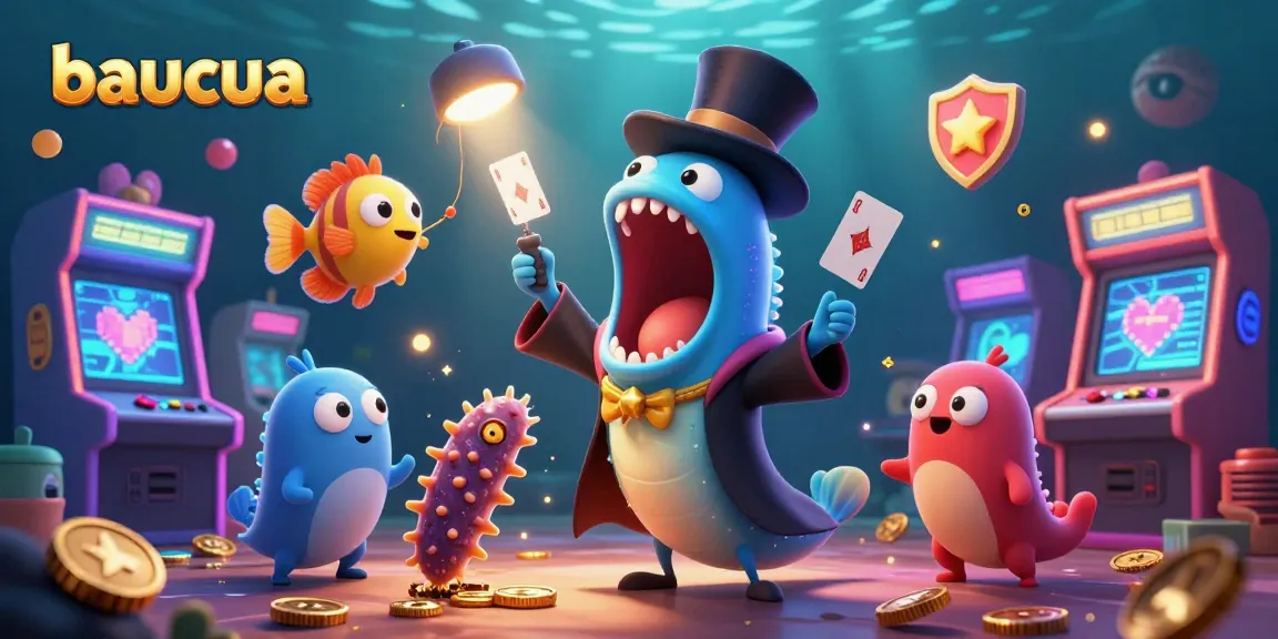 Baucua game showcases vibrant characters like a gulper eel magician and anglerfish spotlighting thrilling casino fun.
