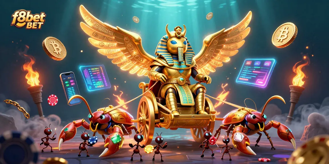 Engage in thrilling gameplay at f8bet BET with a 3D scene featuring a golden scarab beetle and scorpions.