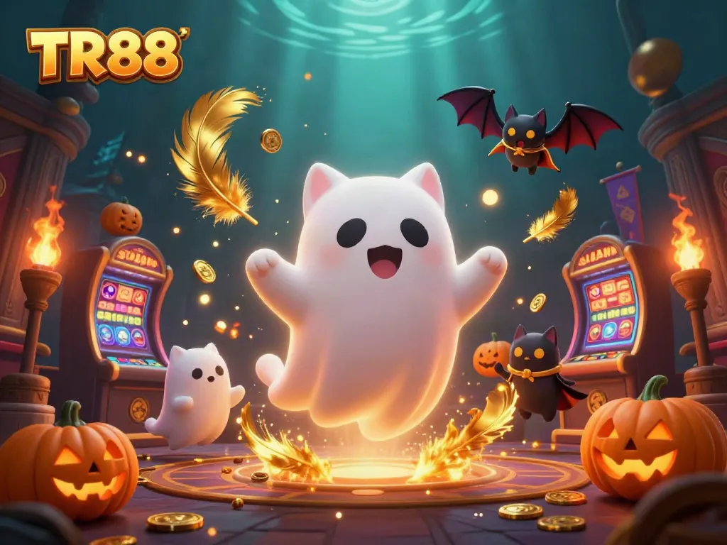 Win big at TR88 with a friendly ghost cat and bat companion in a vibrant casino scene.