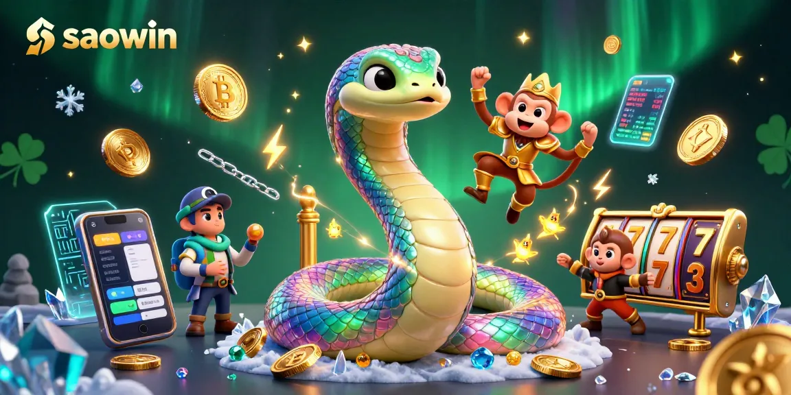 Win big at saowin with a vibrant, dynamic 3D casino scene featuring a colorful serpent and gold coins.