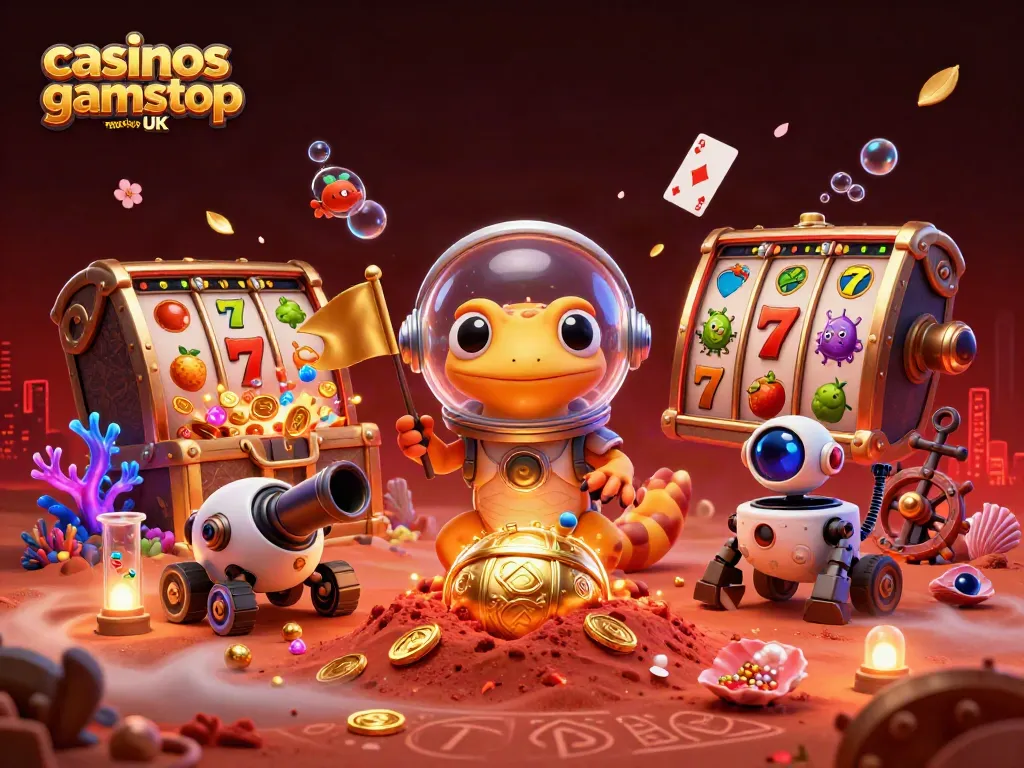 Experience fun at casinos not on gamstop UK with a vibrant scene of a Martian gecko discovering gold.
