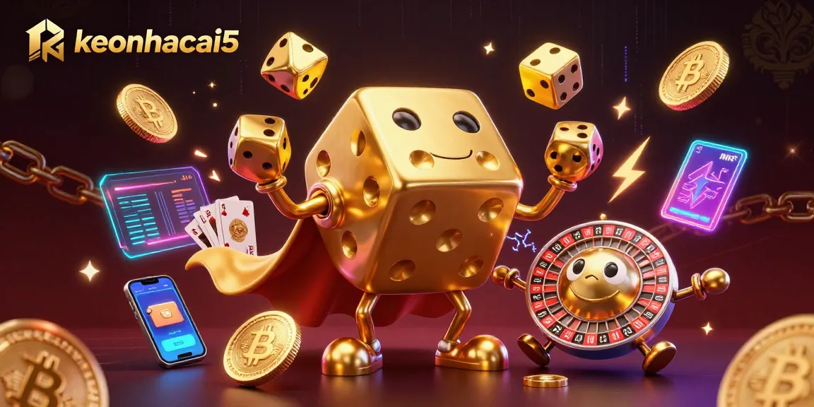 Engage with keonhacai5 and enjoy a vibrant casino scene featuring golden dice and crypto gaming elements.