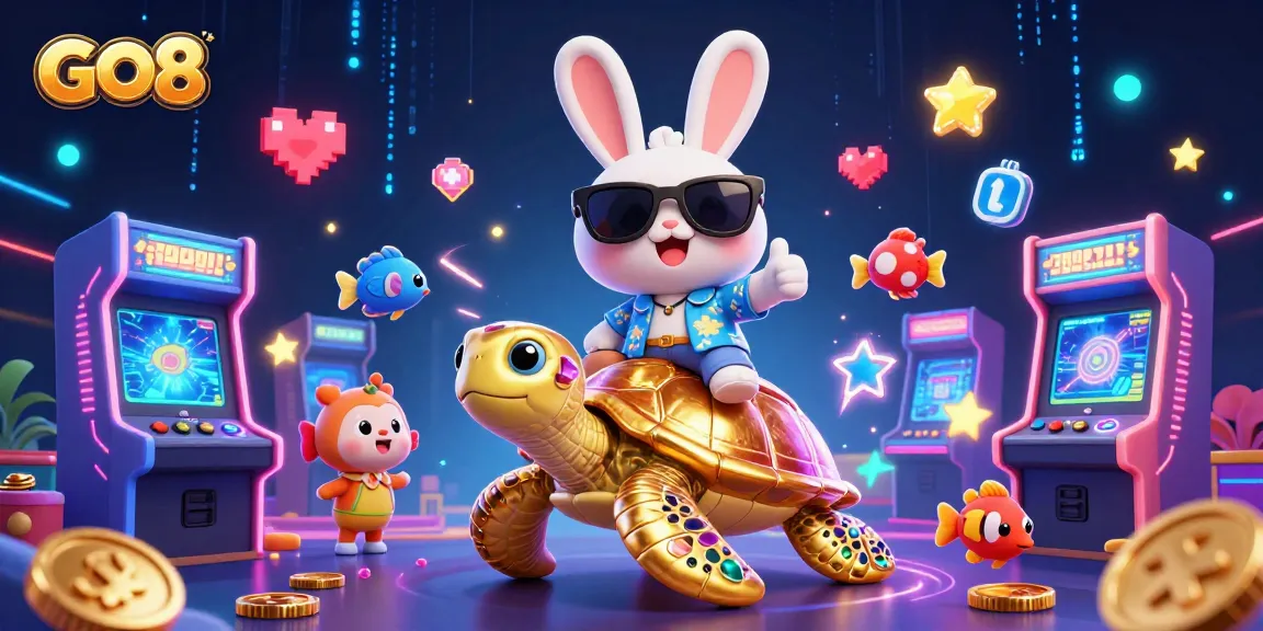 Experience the excitement of GO8 with a lucky rabbit and golden turtle in a vibrant casino-themed scene.
