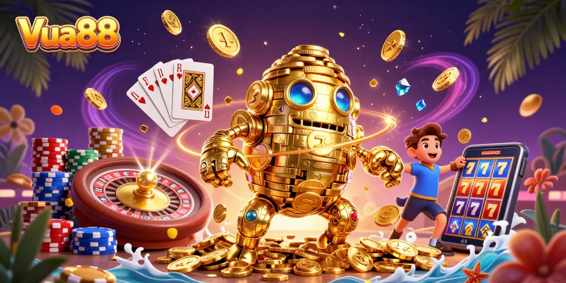 Experience Vua88 with a dynamic 3D scene filled with golden gaming elements, captivating players to join the fun.