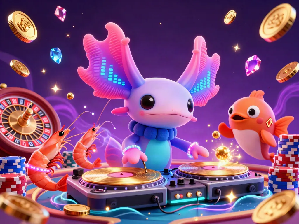 Experience the lively casino energy with man 88 as an axolotl DJ entertains, surrounded by coins, poker chips, and vibrant characters.