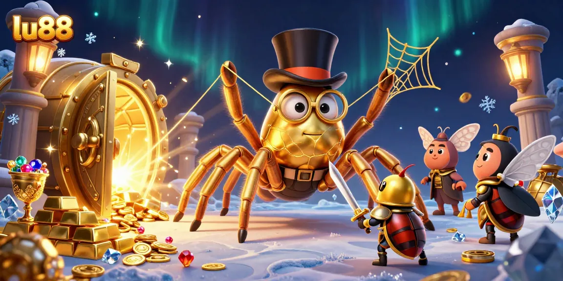 lu88 showcases a dynamic scene with a golden tarantula and beetle as they explore casino treasures.