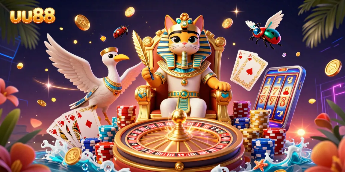 Experience exciting gaming with uu88's vibrant casino-themed illustration featuring royal characters and dynamic elements.