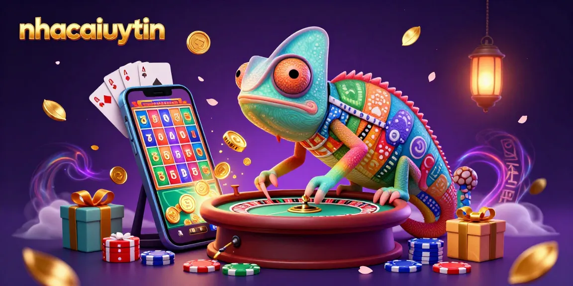 Engage with the colorful excitement of nhacaiuytin's dynamic casino scene featuring a chameleon owner and slot games.