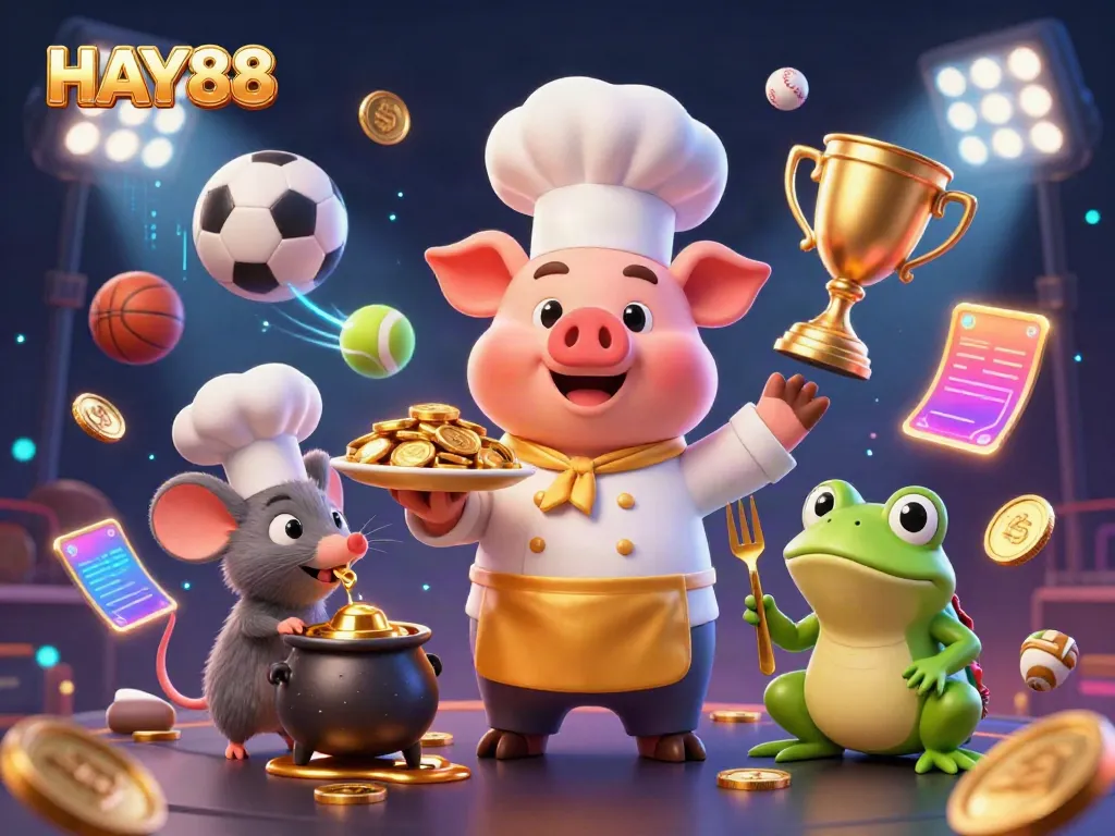 Experience HAY88's vibrant casino scene featuring whimsical characters and dynamic sports elements.