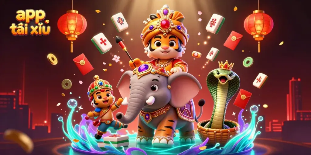 Engage with the thrilling app tài xỉu experience, featuring a dynamic scene of a maharaja tiger riding an elephant amidst vibrant casino elements.