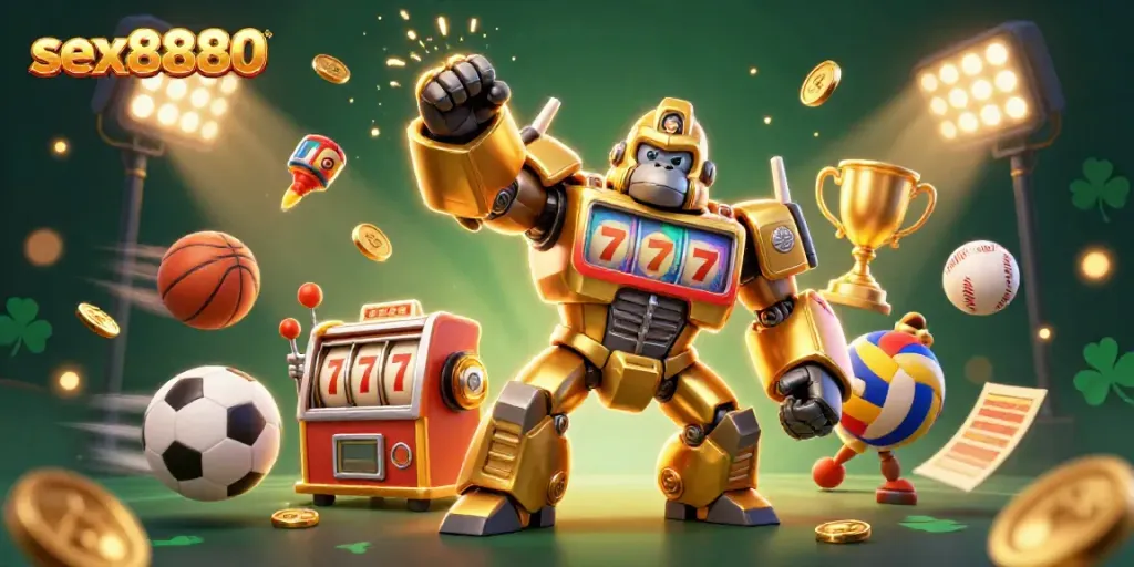 Experience the excitement of sex8880 with a dynamic 3D gorilla mech surrounded by vibrant casino elements.