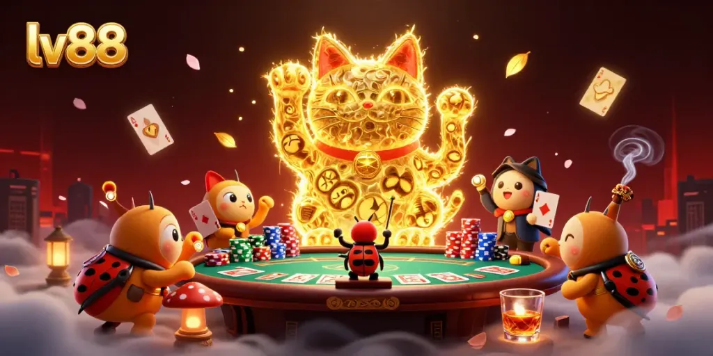 Experience thrilling gameplay with the lively golden fireflies representing lv88 as they form a lucky cat in a vibrant casino scene.