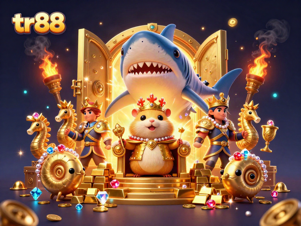 tr88 showcases a cartoon hamster king on a shark throne amid piles of treasure, ideal for online casinos.
