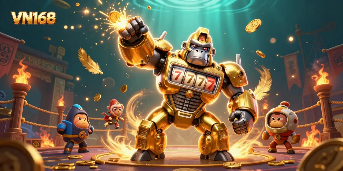 Engage with VN168's dynamic casino atmosphere featuring a golden gorilla mech amidst spinning slot reels and vibrant game elements.